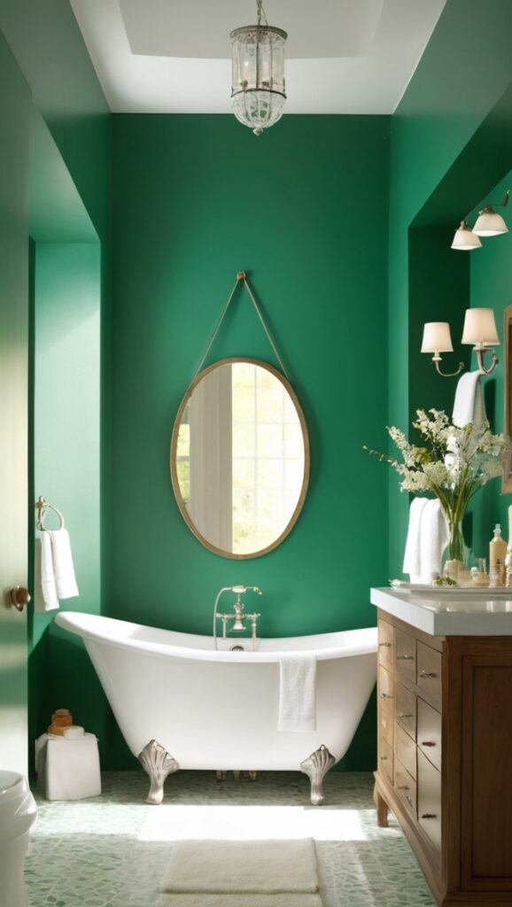 emerald green tiles, emerald green paint, emerald green decor, emerald green accessories, emerald green shower curtain