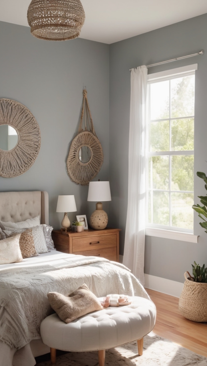 boho chic bedroom, grey bedding, boho bedroom decor, modern boho bedroom, grey bedroom furniture