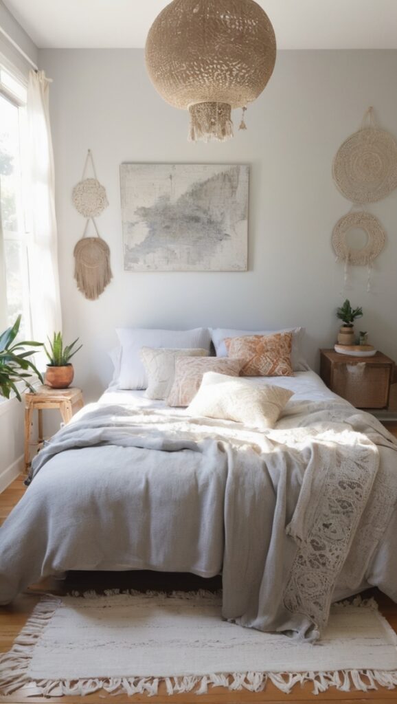 boho chic bedroom, grey bedding, boho bedroom decor, modern boho bedroom, grey bedroom furniture