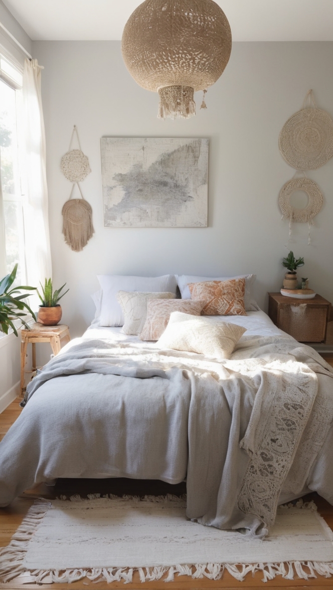 boho chic bedroom, grey bedding, boho bedroom decor, modern boho bedroom, grey bedroom furniture 
