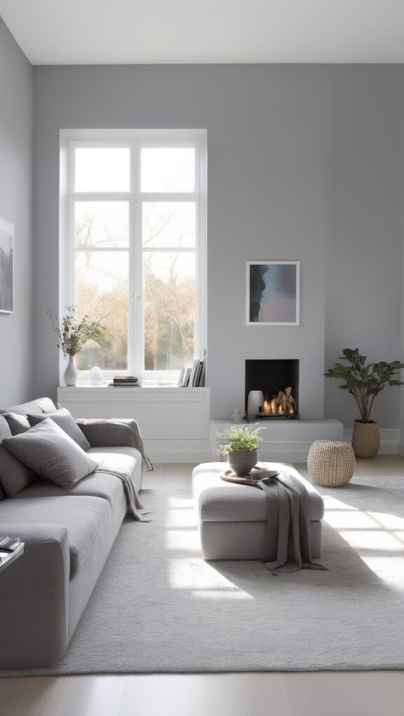 minimalist living room decor, modern grey living room, monochrome home decor, contemporary living room furniture, neutral living room design