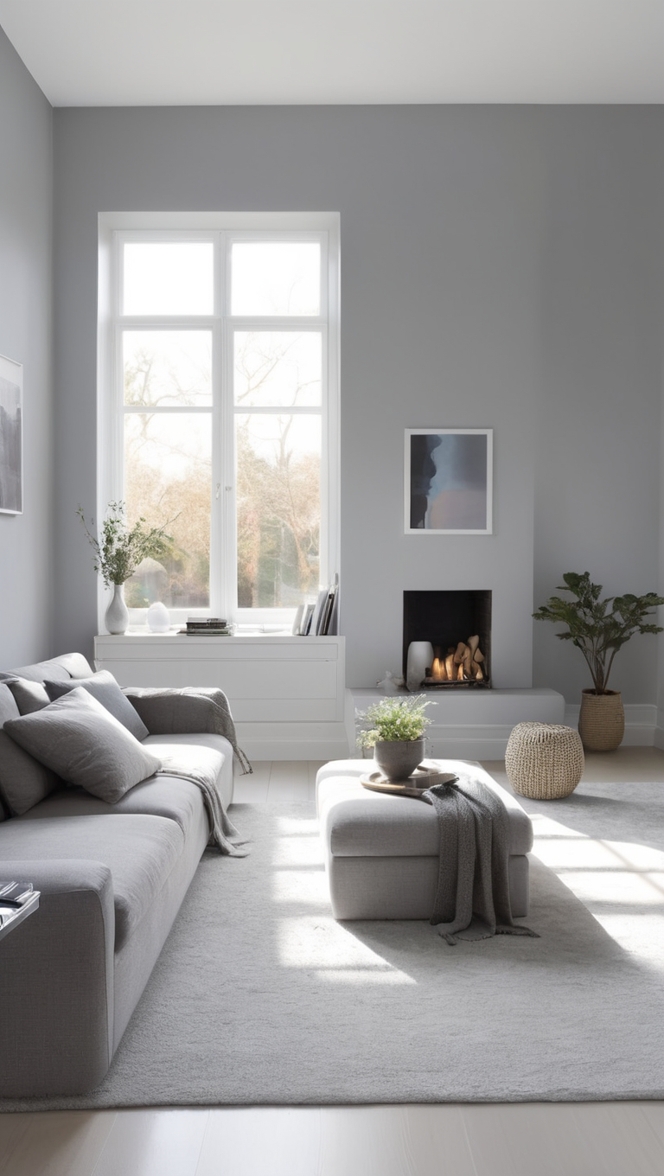 minimalist living room decor, modern grey living room, monochrome home decor, contemporary living room furniture, neutral living room design 