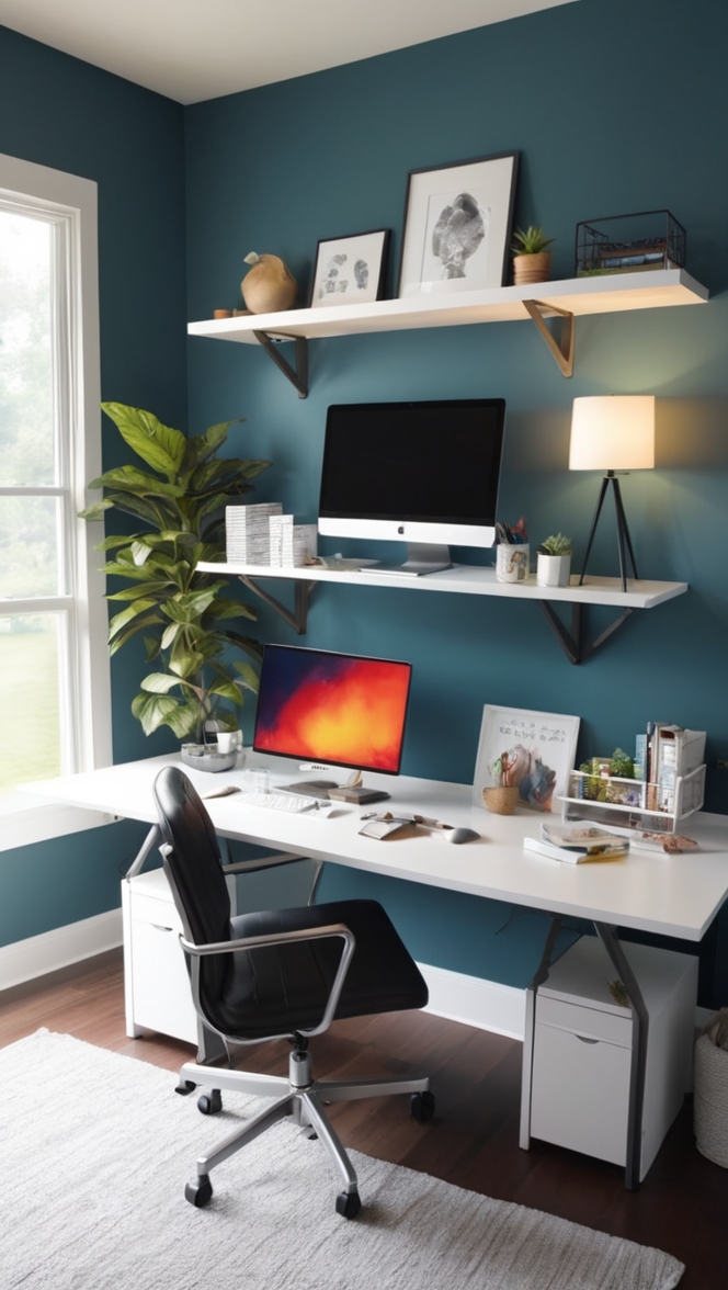 home office desk, ergonomic office chair, dual monitor setup, wireless keyboard mouse, gaming headset