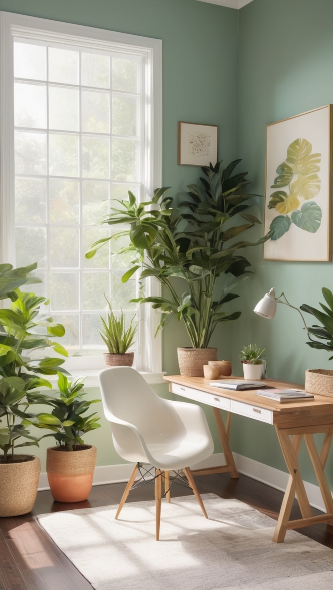 cozy home office decor, plant-themed home office, indoor plants for workspace, stylish home office design, modern office with greenery