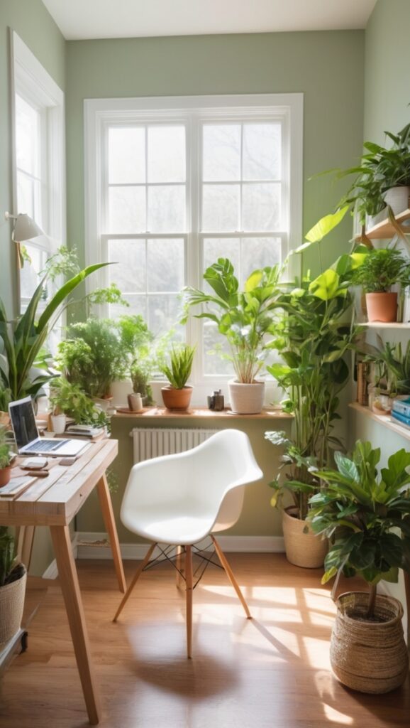 cozy home office decor, plant-themed home office, indoor plants for workspace, stylish home office design, modern office with greenery