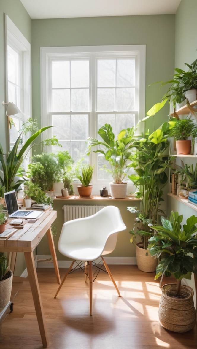 cozy home office decor, plant-themed home office, indoor plants for workspace, stylish home office design, modern office with greenery 