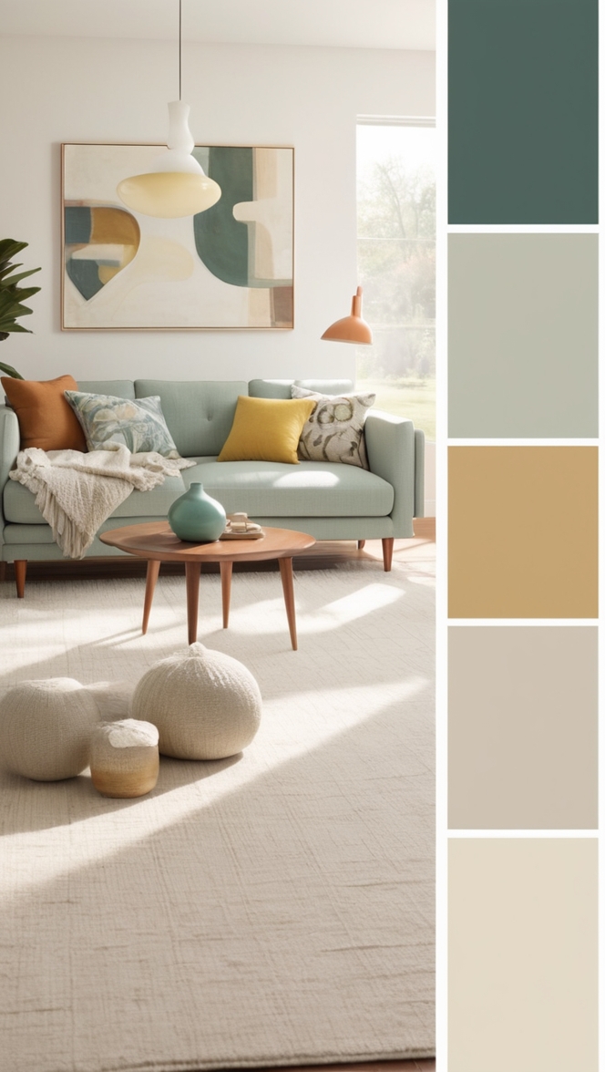 mid century furniture, modern minimalist decor, retro furniture, contemporary living room, Scandinavian design