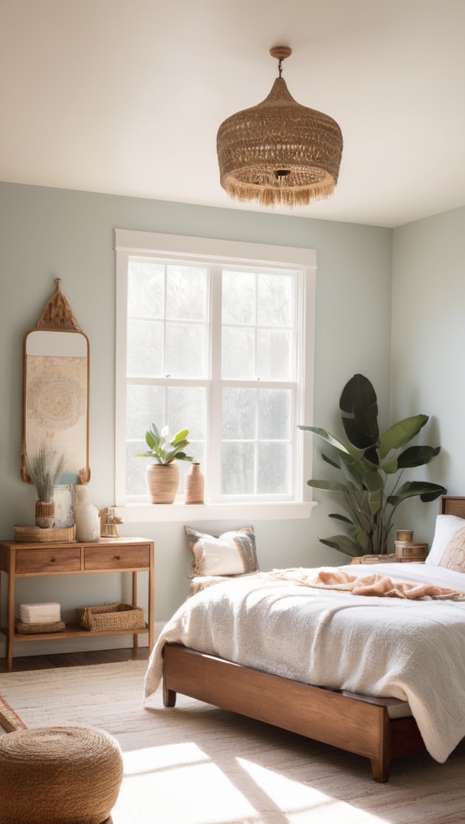 minimalist bedroom decor, boho chic bedding, modern bohemian furniture, contemporary boho lighting, stylish boho home accessories