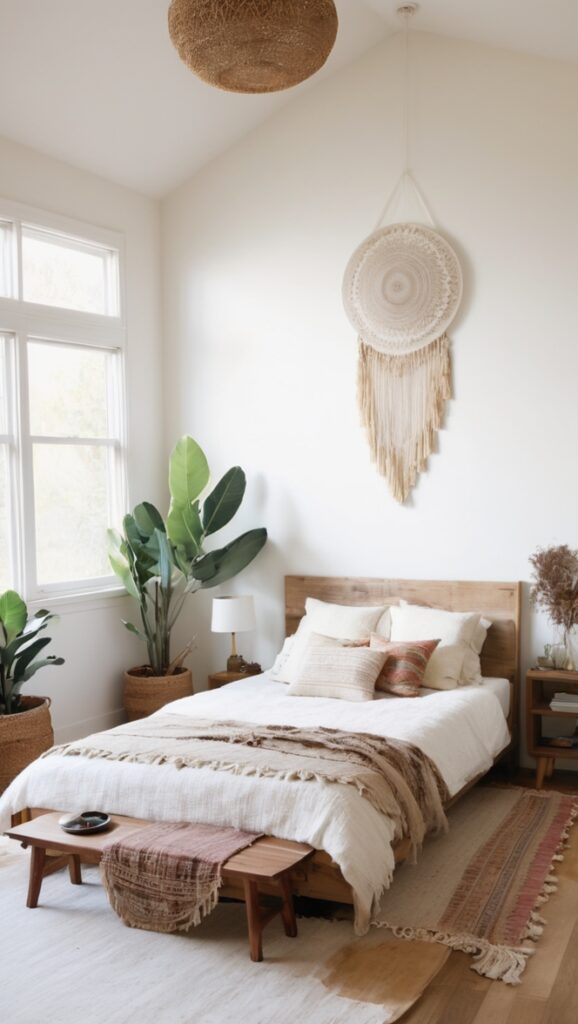 minimalist bedroom decor, boho chic bedding, modern bohemian furniture, contemporary boho lighting, stylish boho home accessories