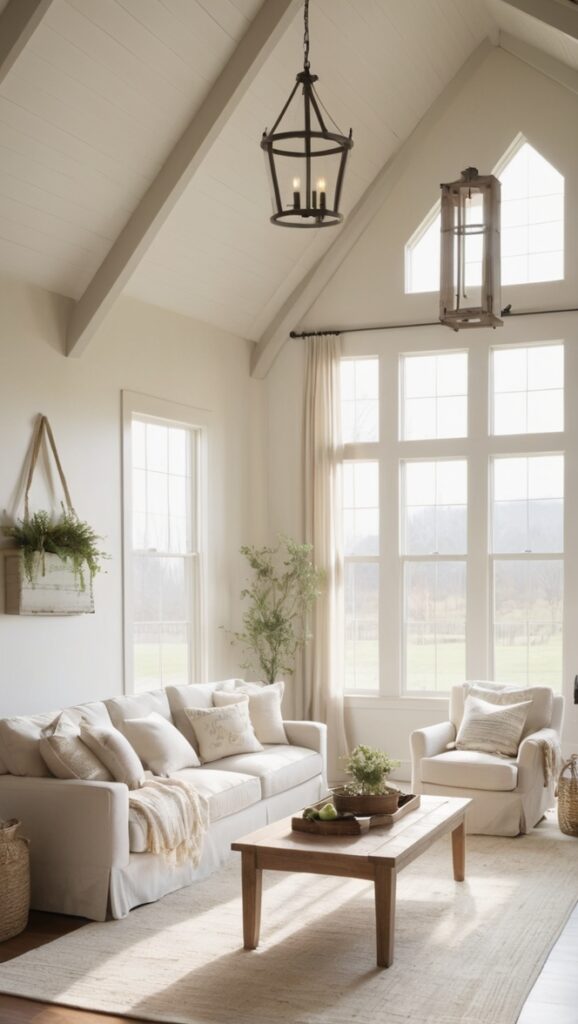 farmhouse decor, modern farmhouse, rustic living room, neutral color palette, cozy home design