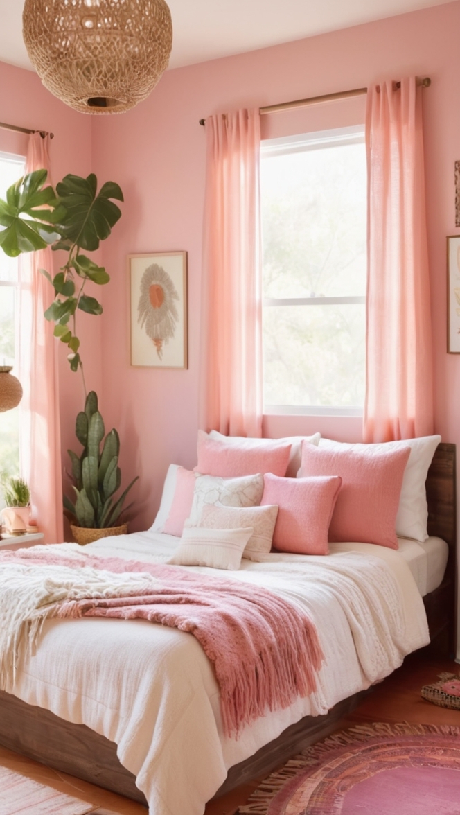 pink bedroom decor,pink boho bedding,boho style bedroom decor,bohemian chic bedroom,floral boho bedding