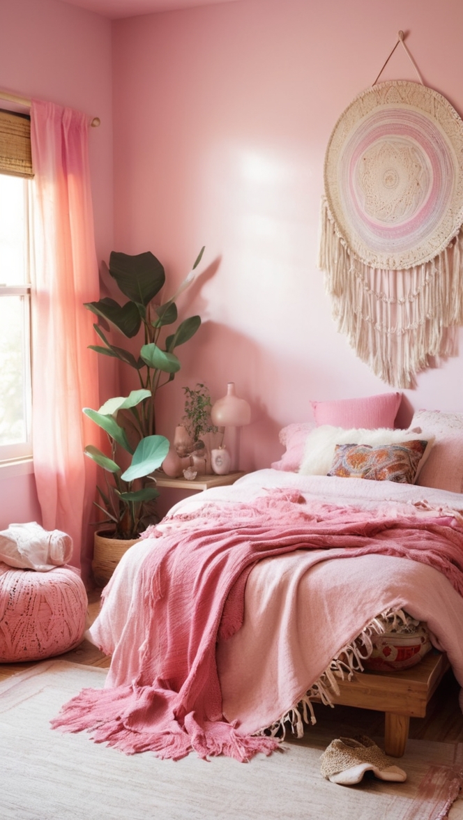 pink bedroom decor,pink boho bedding,boho style bedroom decor,bohemian chic bedroom,floral boho bedding 