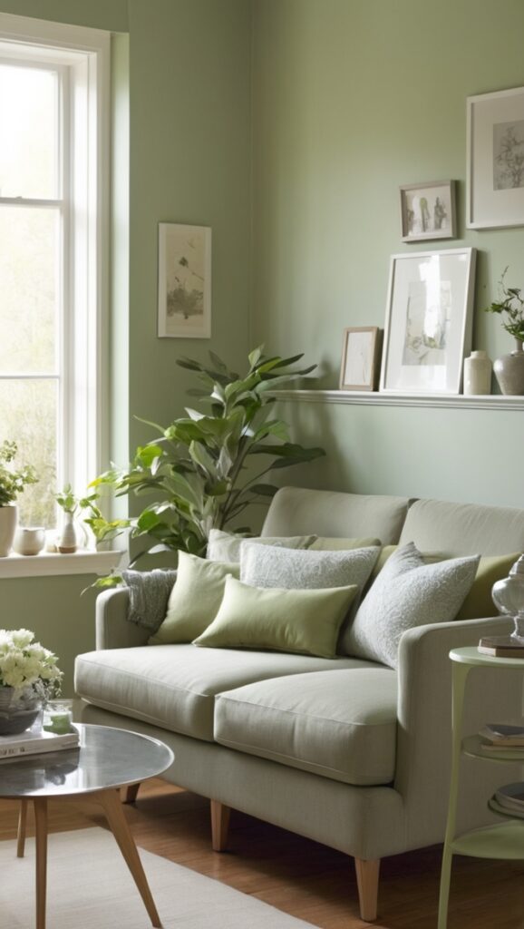 sage green couch, green living room decor, shades of green paint, gray sofa, modern living room design