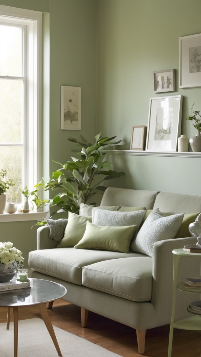sage green couch, green living room decor, shades of green paint, gray sofa, modern living room design 