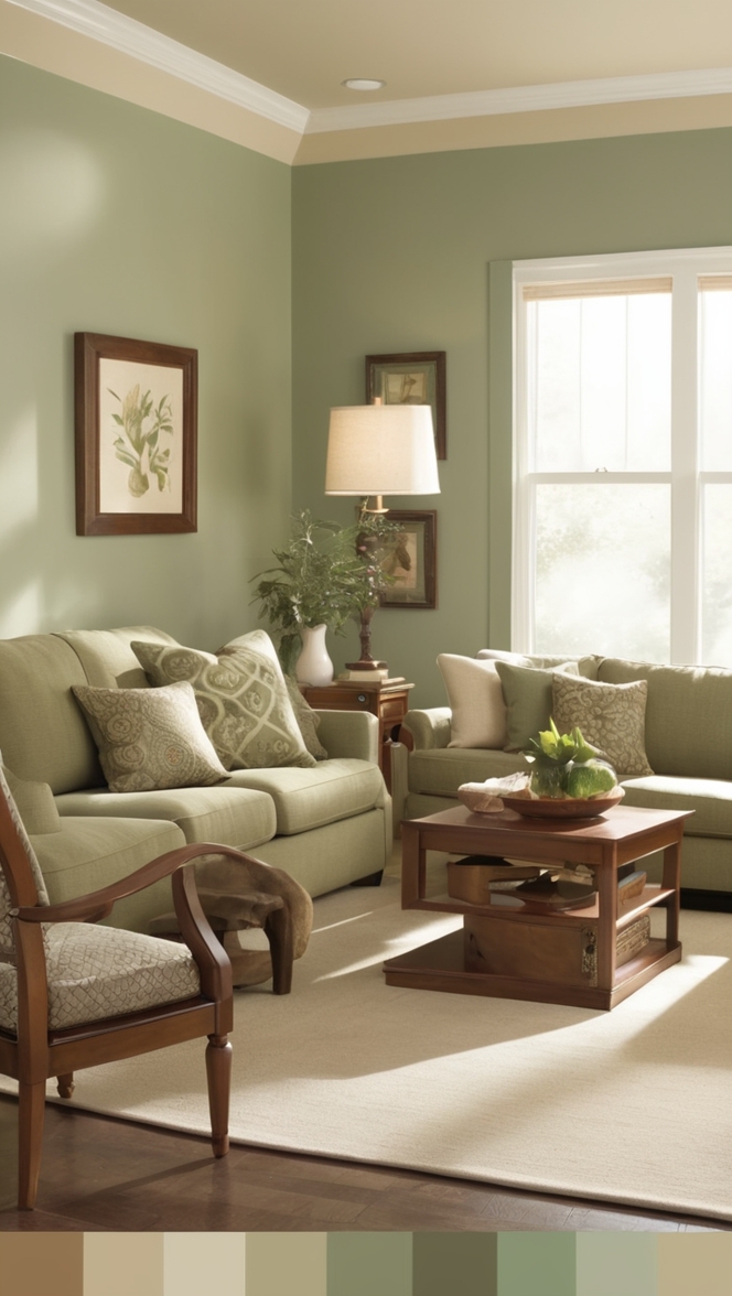 sage green sofa, sage green decor, tan living room furniture, green and tan color scheme, sage green walls