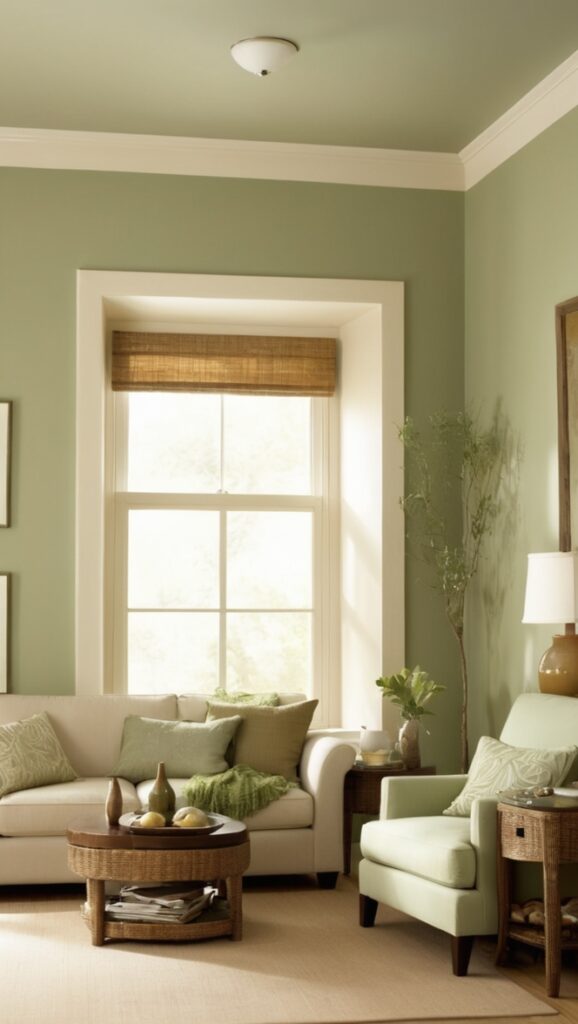 sage green sofa, sage green decor, tan living room furniture, green and tan color scheme, sage green walls