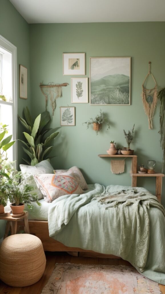 sage green bedding, boho bedroom decor, bohemian bedroom ideas, sage green curtains, green boho throw pillows