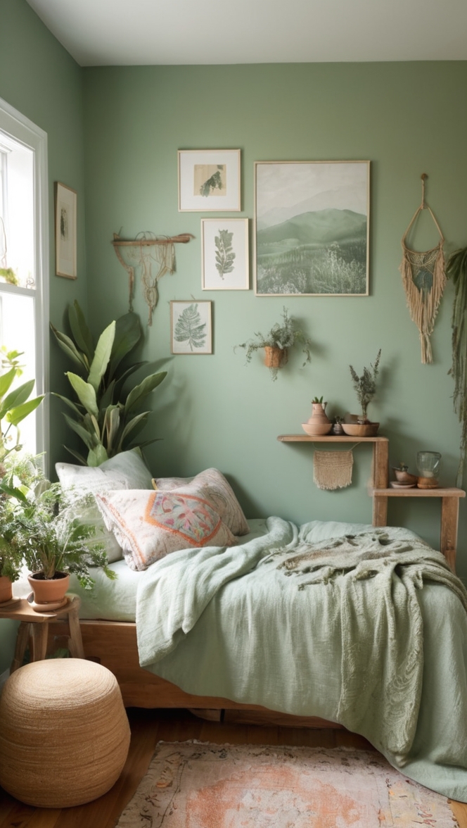 sage green bedding, boho bedroom decor, bohemian bedroom ideas, sage green curtains, green boho throw pillows 