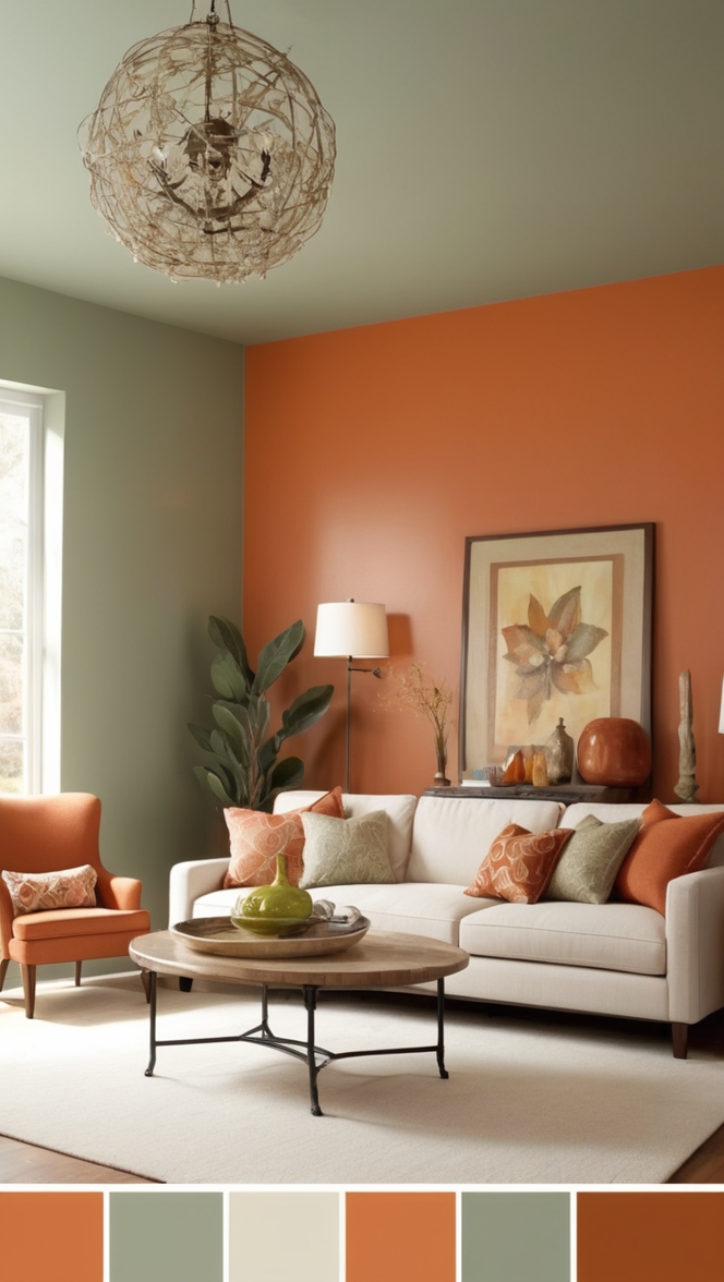 sage green curtains, burnt orange throw pillows, living room decor, interior design, earth tone color scheme
