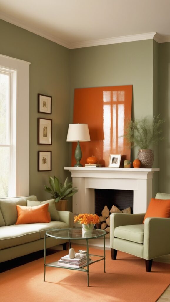 sage green curtains, burnt orange throw pillows, living room decor, interior design, earth tone color scheme