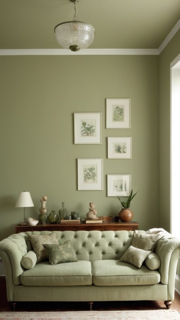 sage green sofa, modern living room ideas, cozy home decor, interior design inspiration, trendy furniture pieces