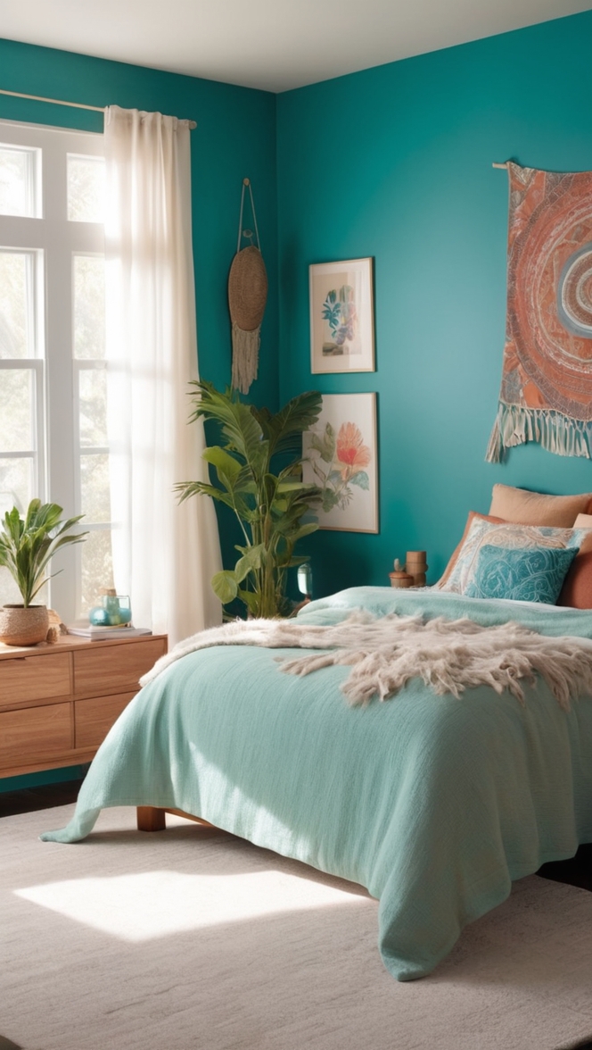 boho bedroom decor, teal bedding, boho wall art, teal bedroom ideas, boho bedroom furniture