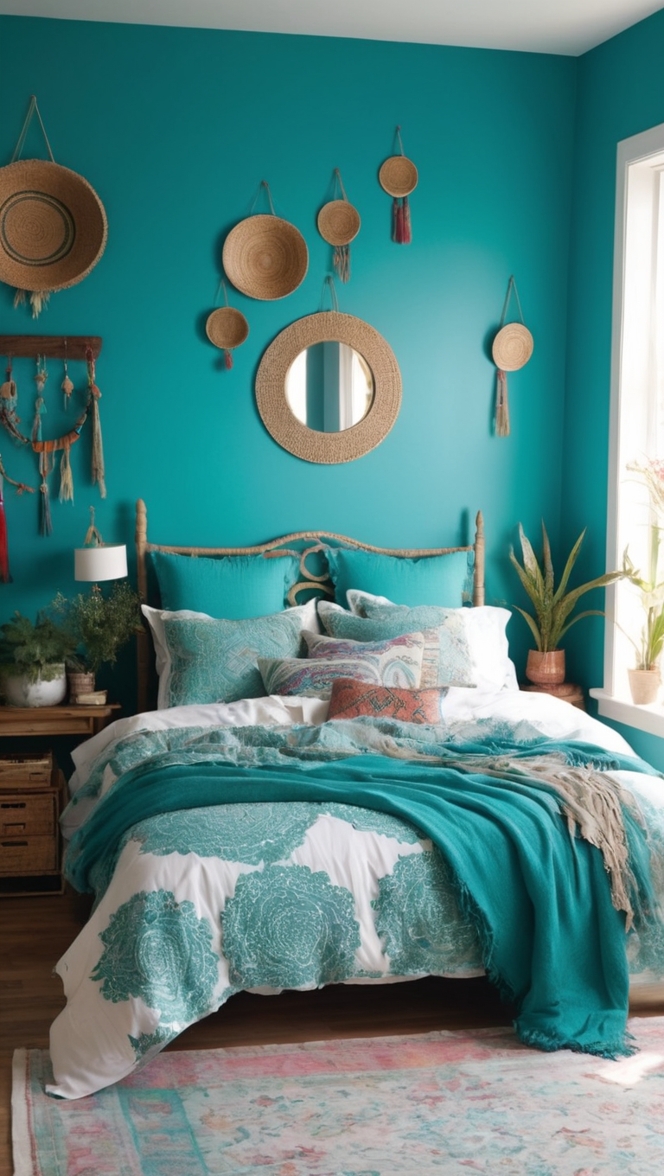 boho bedroom decor, teal bedding, boho wall art, teal bedroom ideas, boho bedroom furniture 