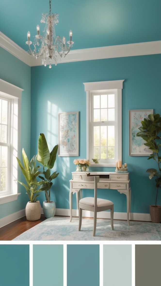 Teal paint, Teal interior design, Teal home decor, Teal accent wall, Teal living room