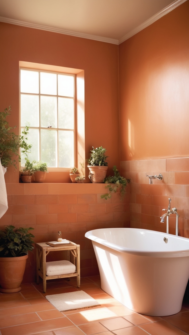 terracotta tile bathroom, terracotta bathroom flooring, terracotta shower tiles, terracotta tile backsplash, terracotta tile wall