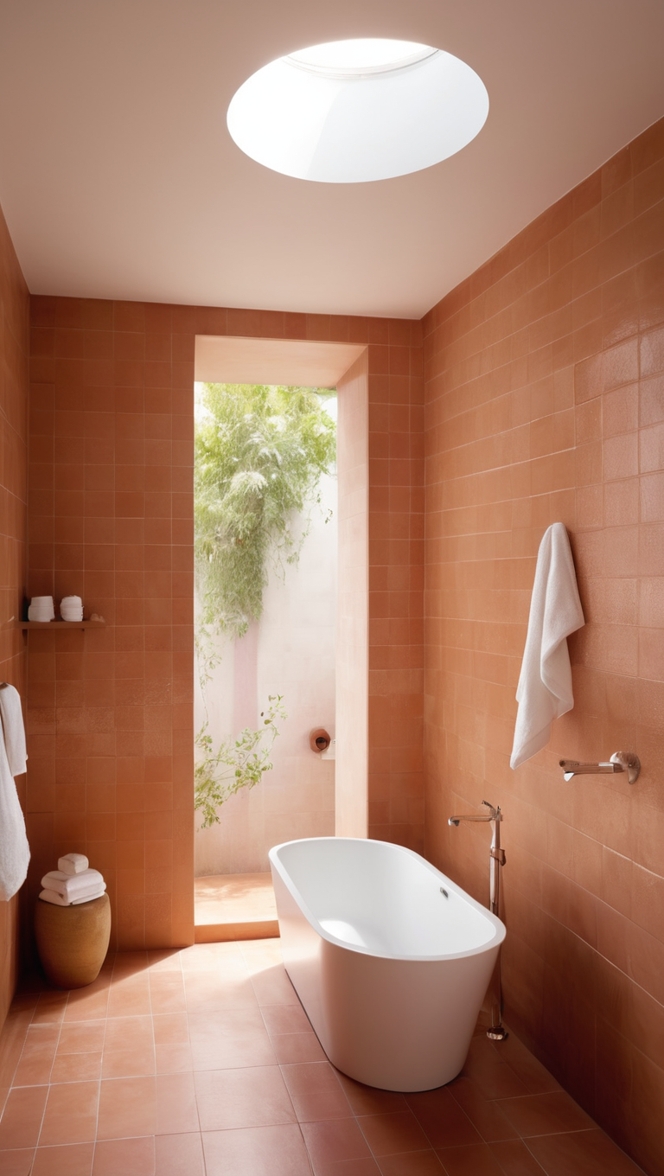 terracotta tile bathroom, terracotta bathroom flooring, terracotta shower tiles, terracotta tile backsplash, terracotta tile wall 