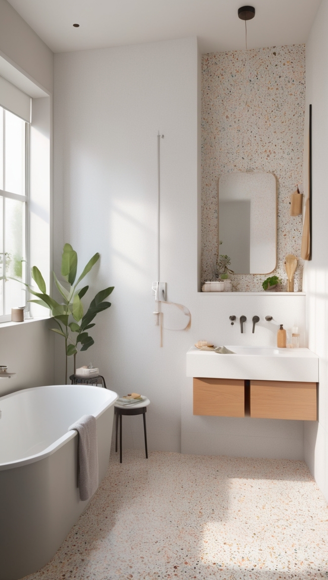 terrazzo tile, shower remodel, bathroom renovation, tile flooring, marble tiles