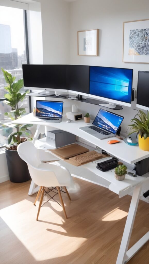three monitor setup, multi monitor configuration, triple monitor display, desk organization, workspace optimization