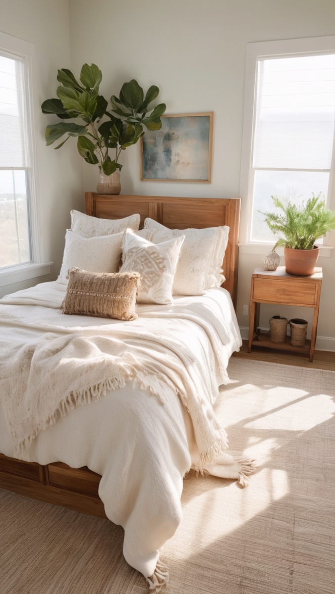 white boho decor, bohemian bedroom design, modern boho furniture, stylish boho bedding, chic boho home decor