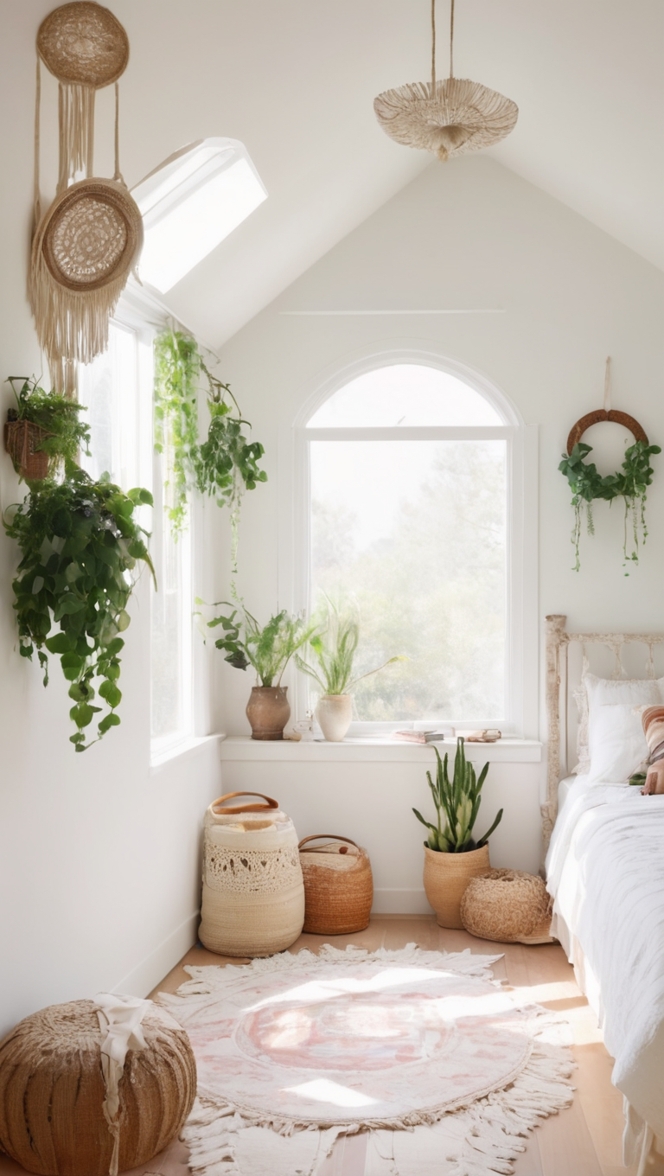 white boho decor, bohemian bedroom design, modern boho furniture, stylish boho bedding, chic boho home decor 