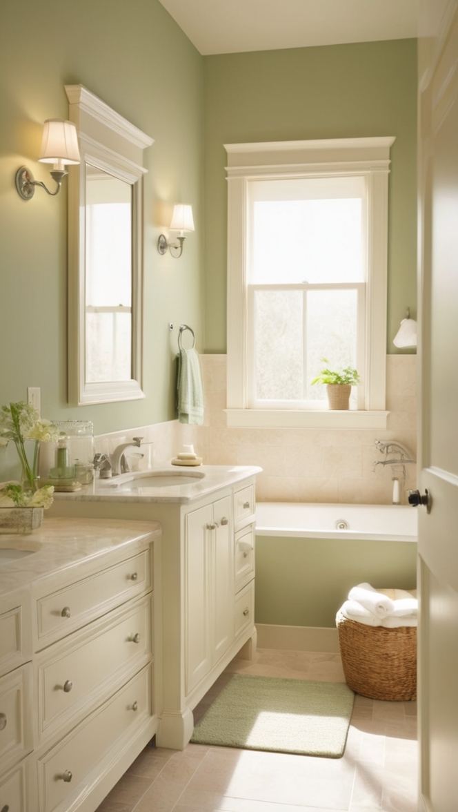 beige bathroom tiles, green bathroom accessories, neutral bathroom decor, earthy bathroom color scheme, luxurious bathroom design