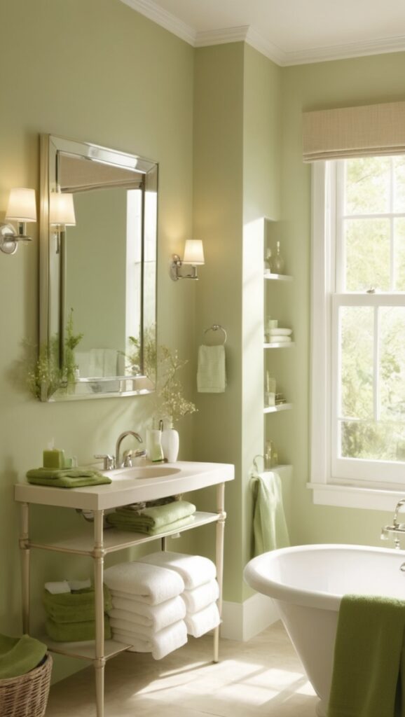 beige bathroom tiles, green bathroom accessories, neutral bathroom decor, earthy bathroom color scheme, luxurious bathroom design