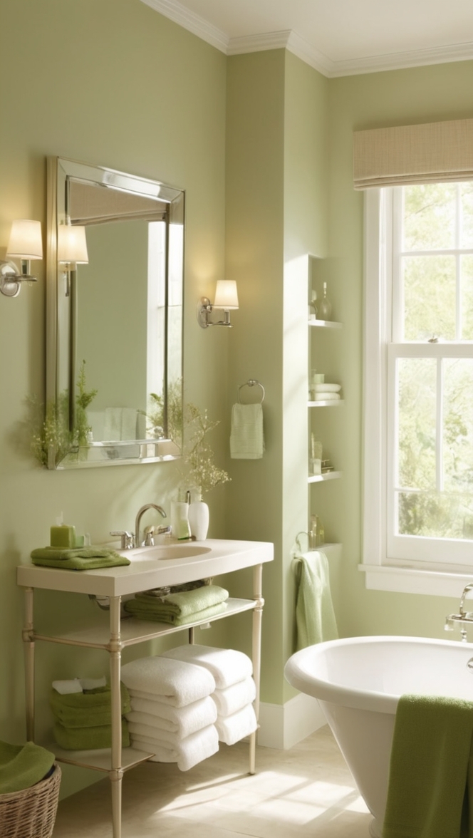 beige bathroom tiles, green bathroom accessories, neutral bathroom decor, earthy bathroom color scheme, luxurious bathroom design 