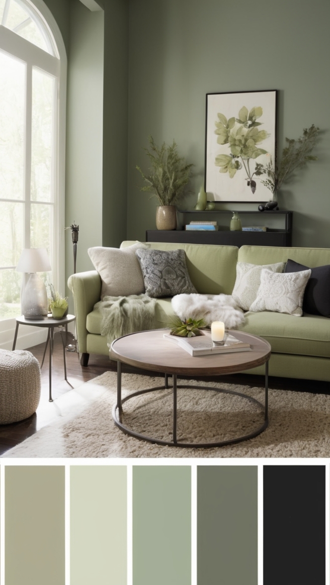 black living room decor, green and black living room, sage green decor, elegant living room ideas, modern black and green living room