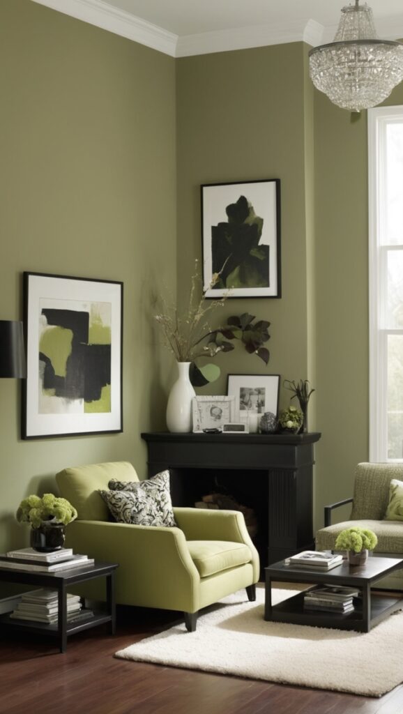black living room decor, green and black living room, sage green decor, elegant living room ideas, modern black and green living room