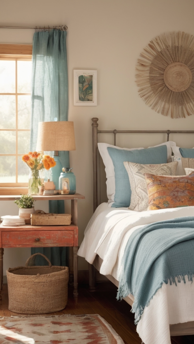 bohemian bedroom decor, country chic bedroom, rustic farmhouse bedroom, vintage boho bedroom, cozy country retreat