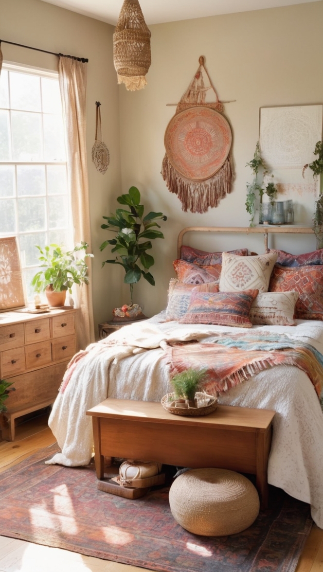 bohemian bedroom decor, country chic bedroom, rustic farmhouse bedroom, vintage boho bedroom, cozy country retreat 