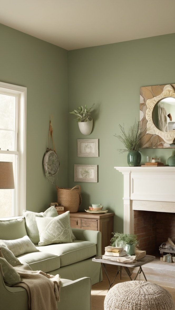 green living room ideas, sage green decor, cozy living room design, sage green interior, relaxing living room ideas