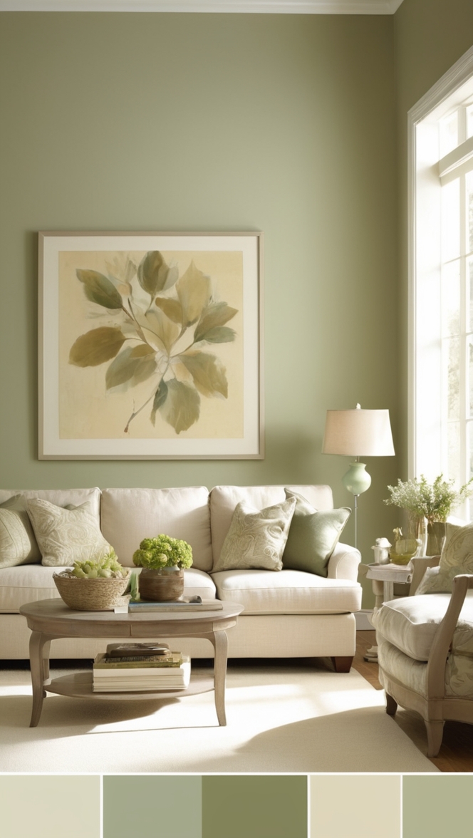 green living room ideas, sage green decor, cream and green color scheme, sage green furniture, cream and green accessories
