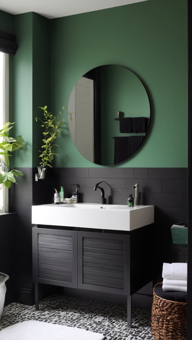dark green bathroom decor, black and green bathroom tiles, black bathroom accessories, dark green bathroom paint, black and green bathroom ideas 