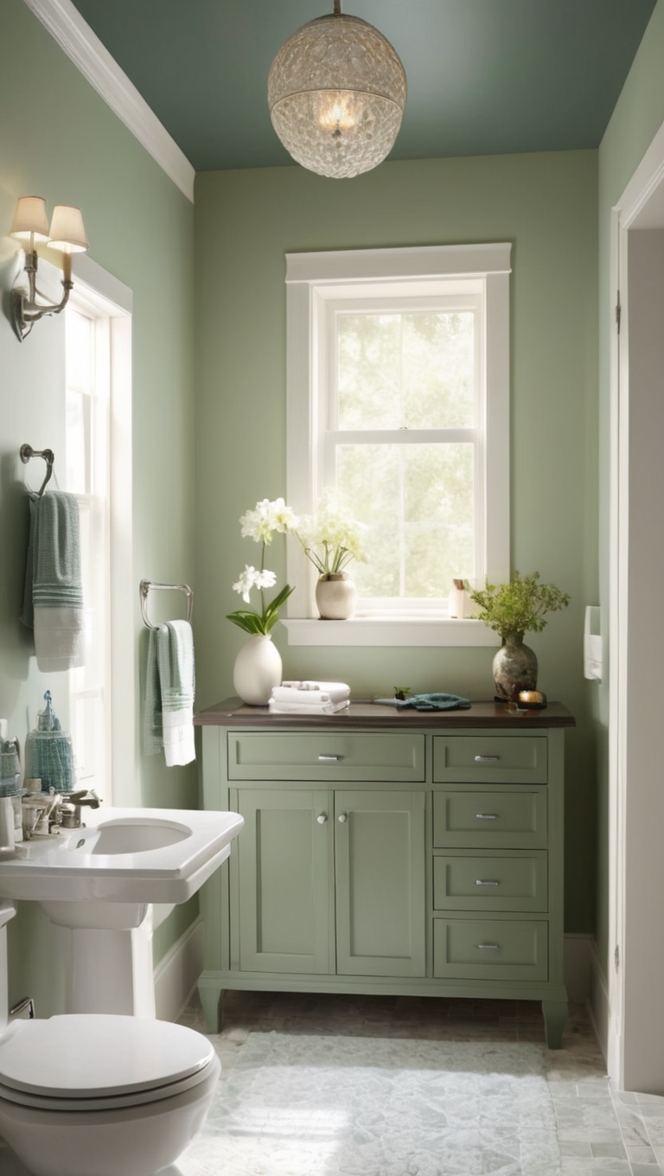 dark green paint, emerald green tiles, deep green wallpaper, forest green accessories, hunter green vanity