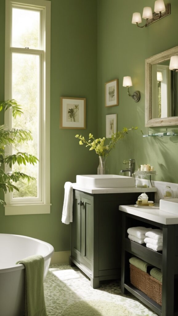 dark green paint, emerald green tiles, deep green wallpaper, forest green accessories, hunter green vanity
