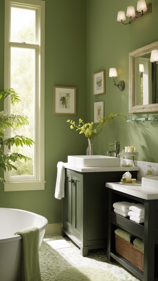 dark green paint, emerald green tiles, deep green wallpaper, forest green accessories, hunter green vanity 