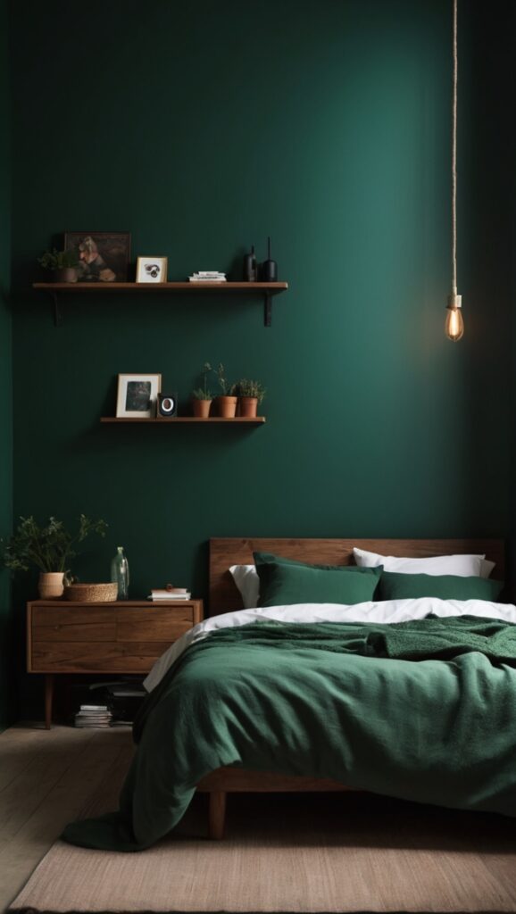 dark green bedroom decor, dark green interior design, moody bedroom ideas, luxurious bedroom decor, elegant bedroom design