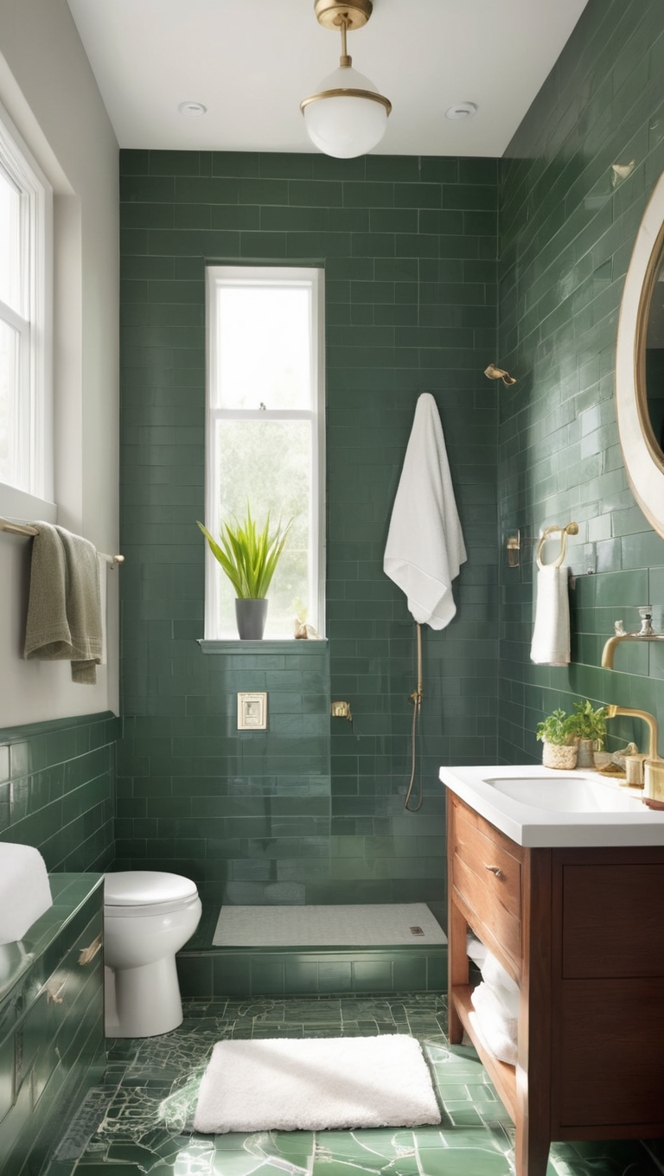 dark green bathroom tiles,  dark green tile, green tile bathroom, bathroom tile ideas, dark green floor tiles
