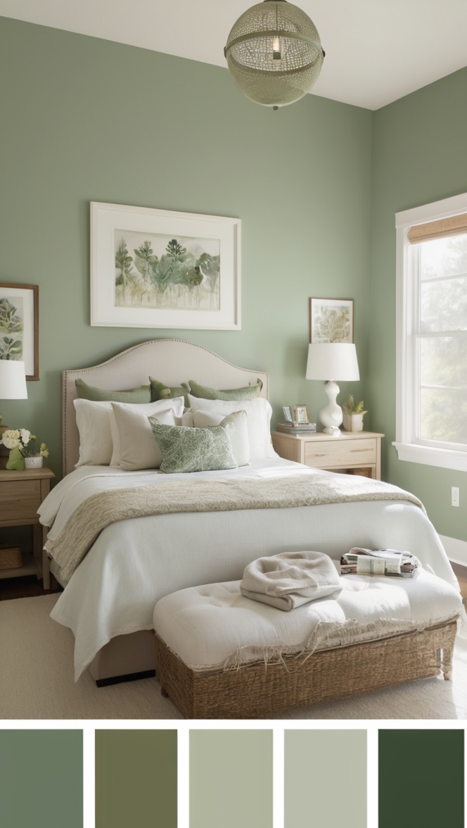 forest green paint, deep green walls, emerald green decor, moss green bedding, verdant bedroom design